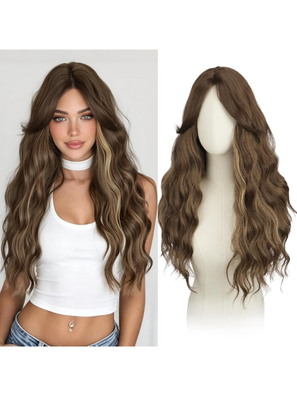 Women's Brown Mixed Blonde 26 Inch Heat Resistant Curtain Bangs Long Wavy Wigs